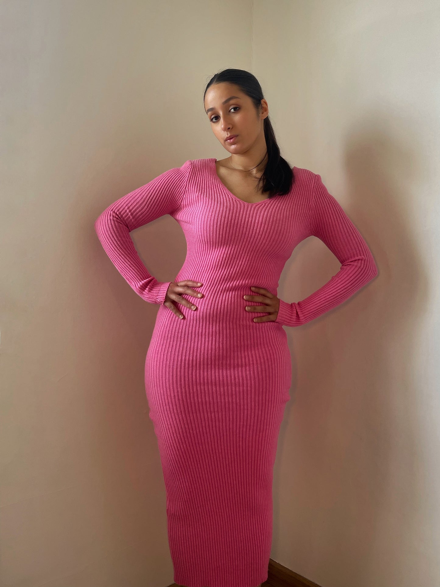 Robe longue cintrée en laine ROSE BARBIE